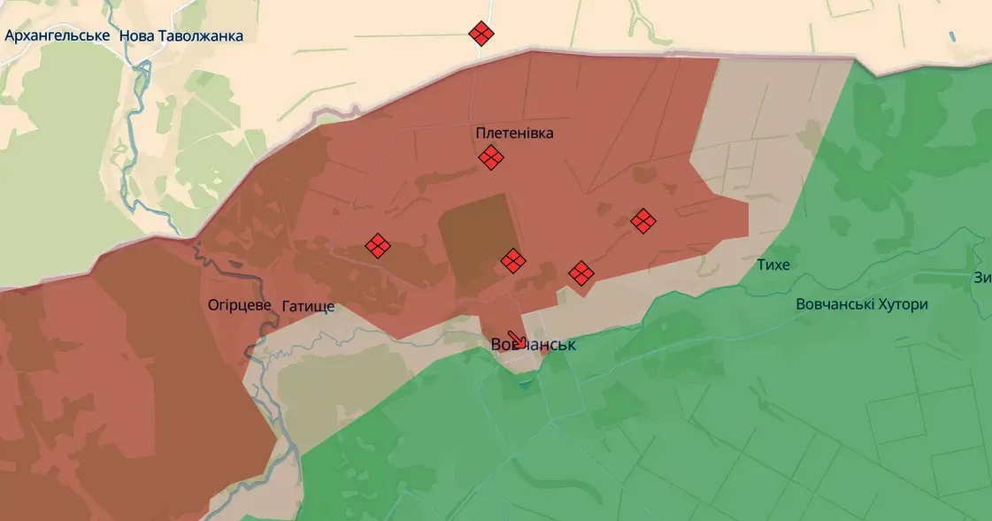 Скриншот з карти https://deepstatemap.live В районі Вовчанська ворог готує нові штурмові групи — на Харківському напрямку відбулося 20 бойових зіткнень на порталі Gromada Group