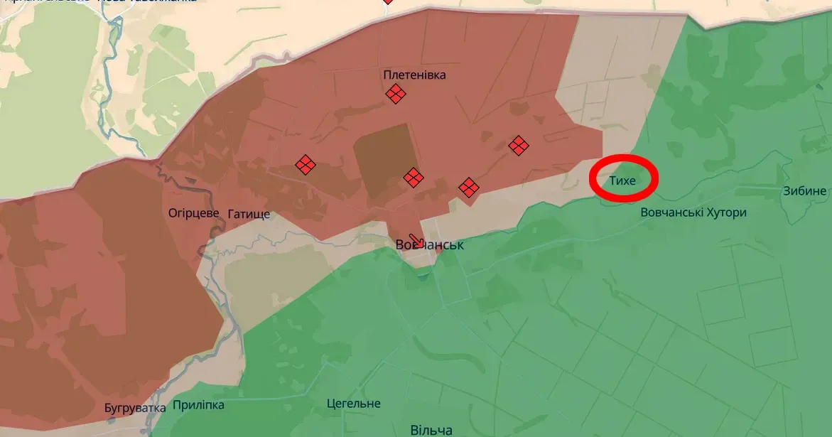 Скриншот з карти https://deepstatemap.live На Вовчанському напрямку окупанти націлились на Тихе на порталі Gromada Group
